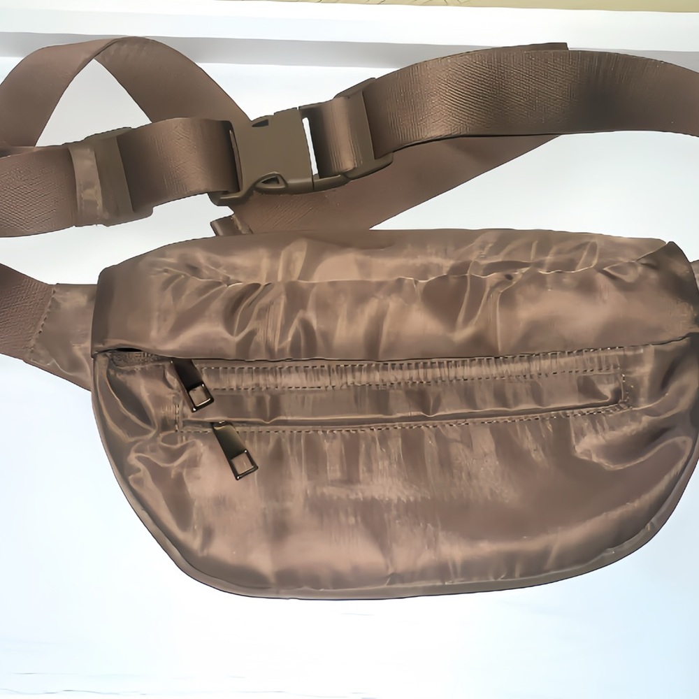 Woman’s Brown Nylon with Gold Accents Belt Bag with Dual Zip Pockets 0025